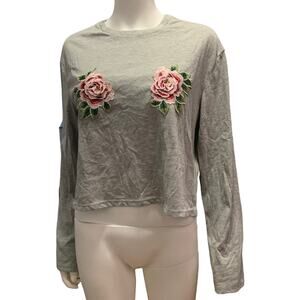 H&M Divided Grey Floral Embroidered Print Long Sleeve Basic Cropped Tee